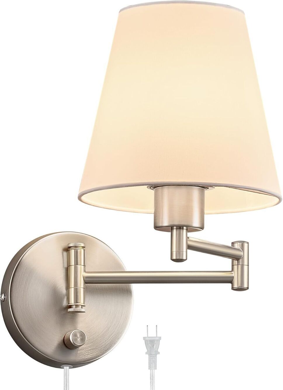 VONLUCE Nickel Swing Arm Plug-In Wall Lamp with White Shade